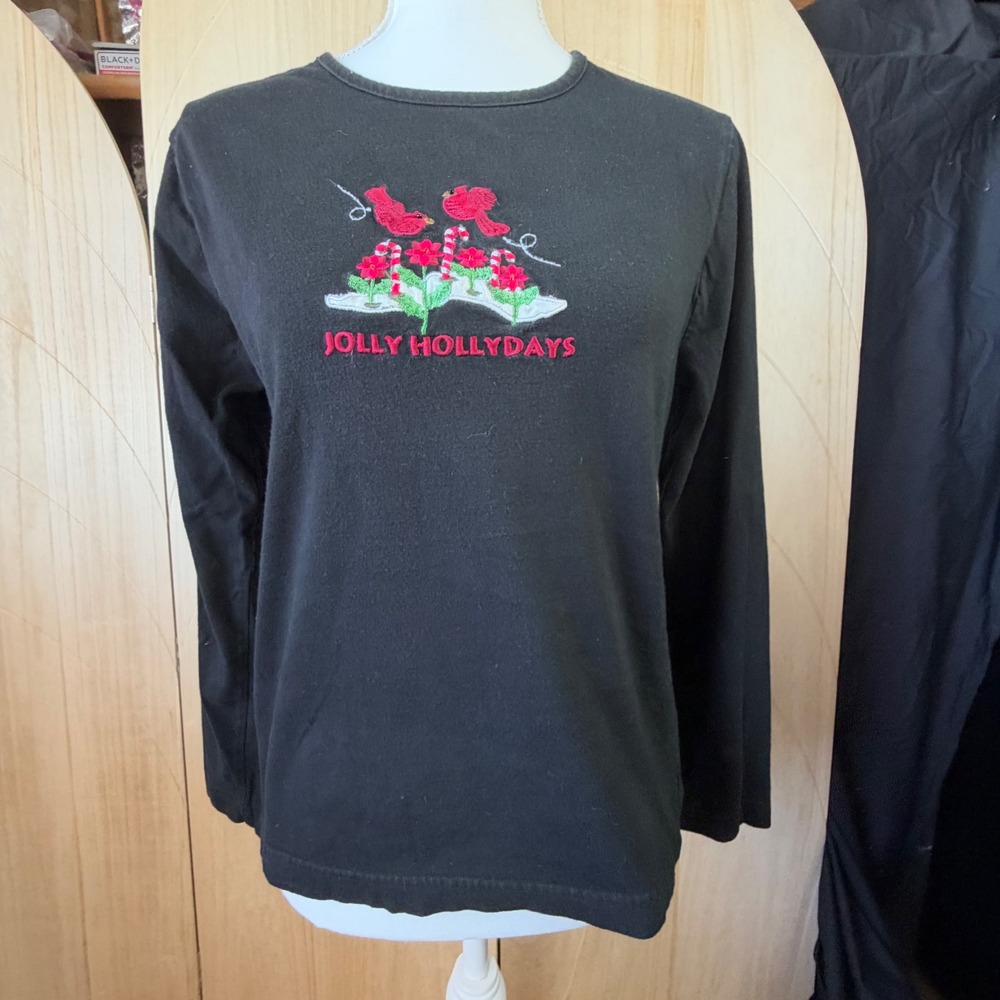 Carolyn Taylor Top S Black Jolly Hollydays Cardinal Embroidered Christmas Casual